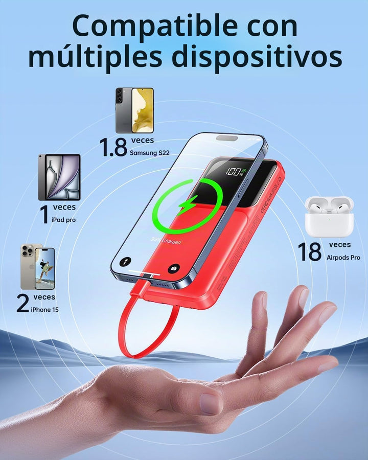 Cargador Portátil con Cable Integrado - Power Bank de 20000mAh USB...