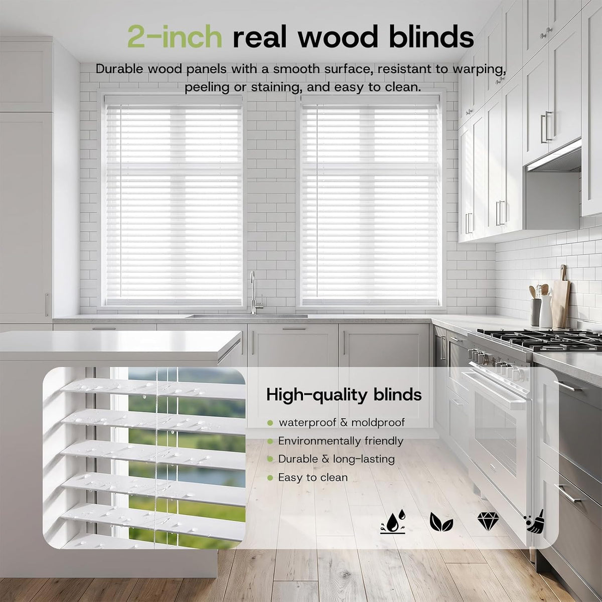 Persianas de Madera Real Sin Cables de 2" 23"W x 48"H Blanco en Pino para Ventanas de Interior