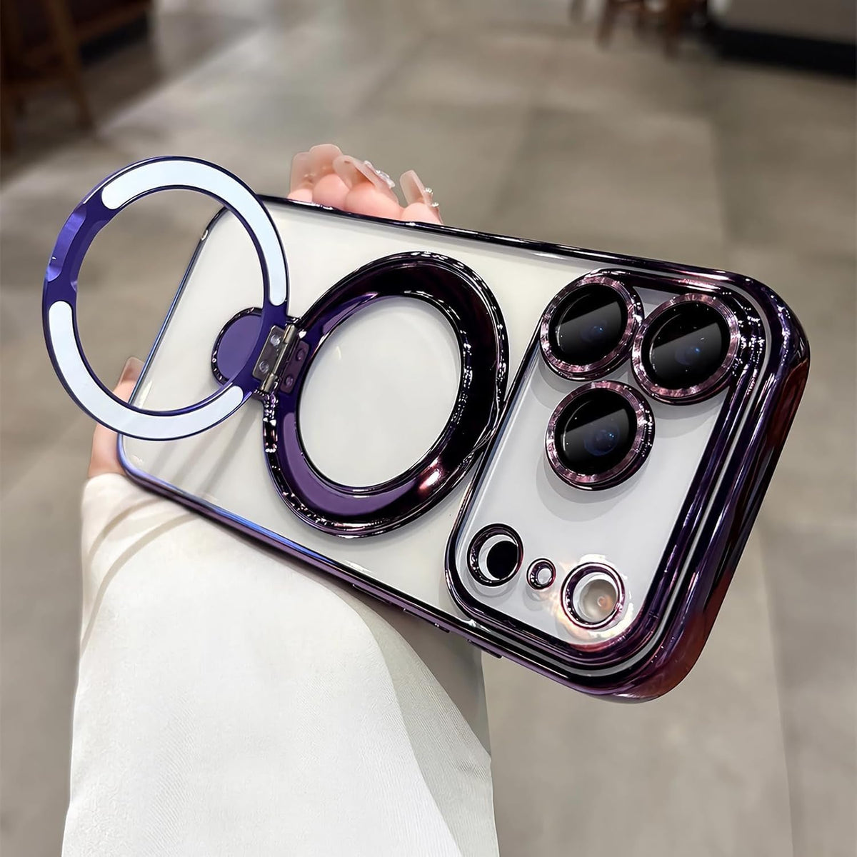 Funda magnética transparente para iPhone 17 Pro Max con soporte, protección completa de la cámara [compatible con Magsafe], funda para iPhone 17 Pro Max de 6.9 pulgadas, color morado