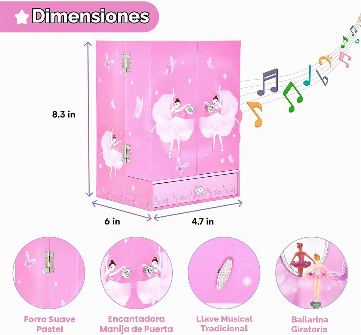 Jewelkeeper Caja organizadora grande de joyas, figura musical giratoria, organizador de accesorios de dos puertas con 4 cajones, 2 ganchos, almacenamiento de madera para anillos, collares, aretes