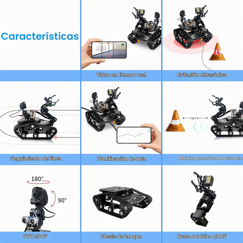 Kit de robot inteligente WiFi para Raspberry Pi 5 4B 3B, 4DOF robótico brazo pista tanque chasis robot coche con cámara HD Proyecto de programación de sensor infrarrojo ultrasónico para mayores de 14 años (sin Raspberry Pi)