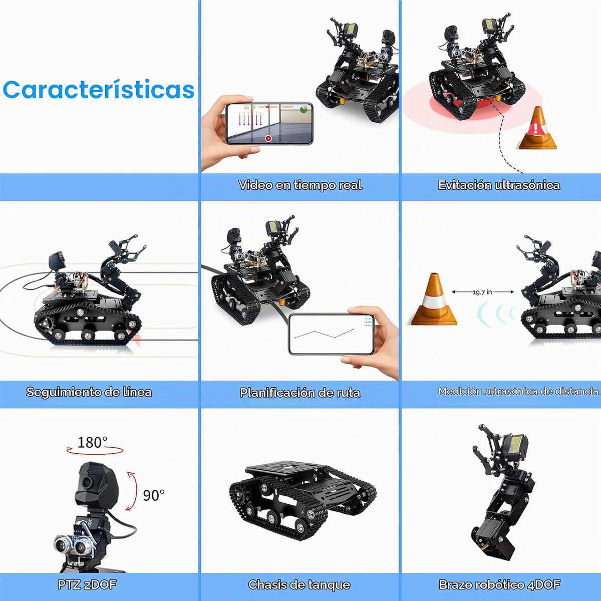 Kit de robot inteligente WiFi para Raspberry Pi 5 4B 3B, 4DOF robótico brazo pista tanque chasis robot coche con cámara HD Proyecto de programación de sensor infrarrojo ultrasónico para mayores de 14 años (sin Raspberry Pi)