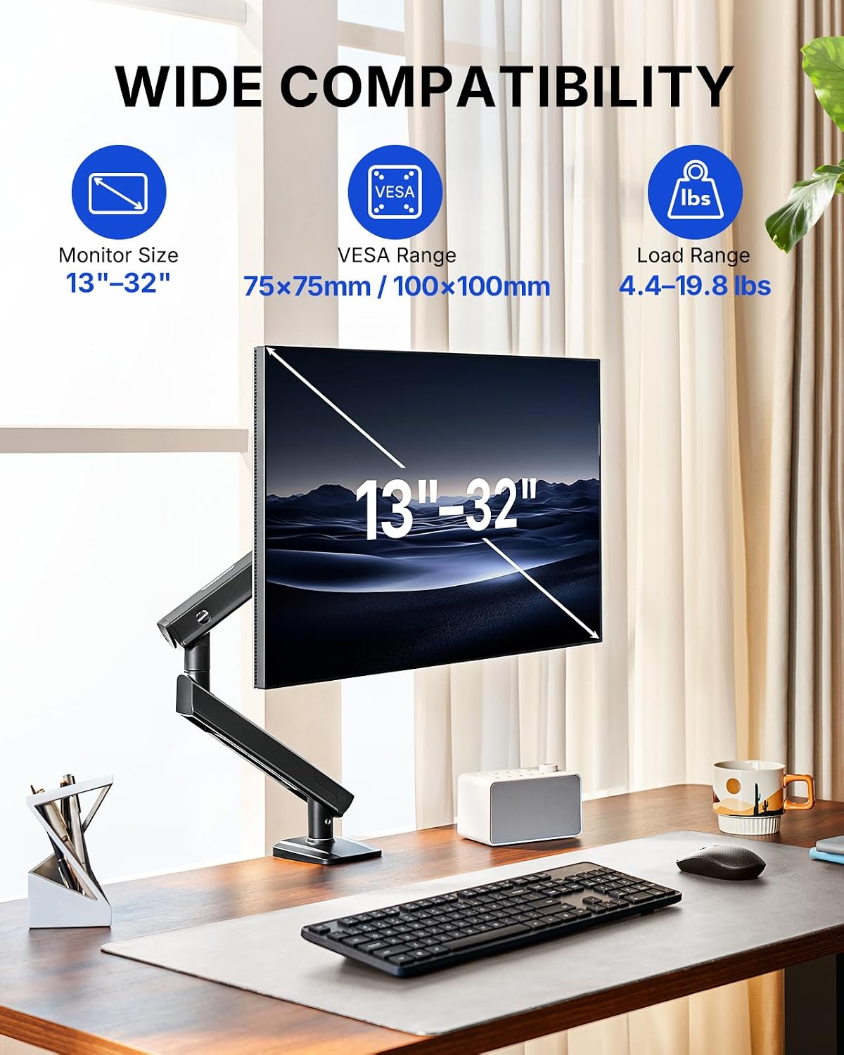 HUANUO Brazo de monitor FlowLift™ Pro para pantallas de 13 a 32 pulgadas, soporte para monitor MechaSpring, soporte de monitor totalmente ajustable con inclinación/giro/rotación, montaje VESA sin