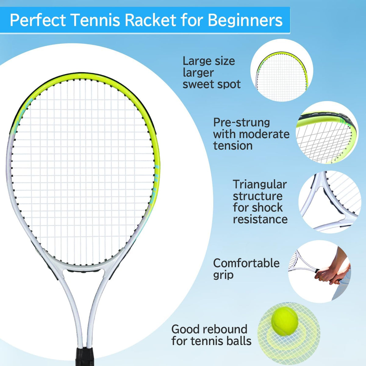 Juego de raquetas de tenis para adultos, 2 raquetas preencordadas de 27 pulgadas, 2 cintas de agarre, 3 pelotas de tenis, 1 bolsa de transporte, perfecto para principiantes y entrenamiento de