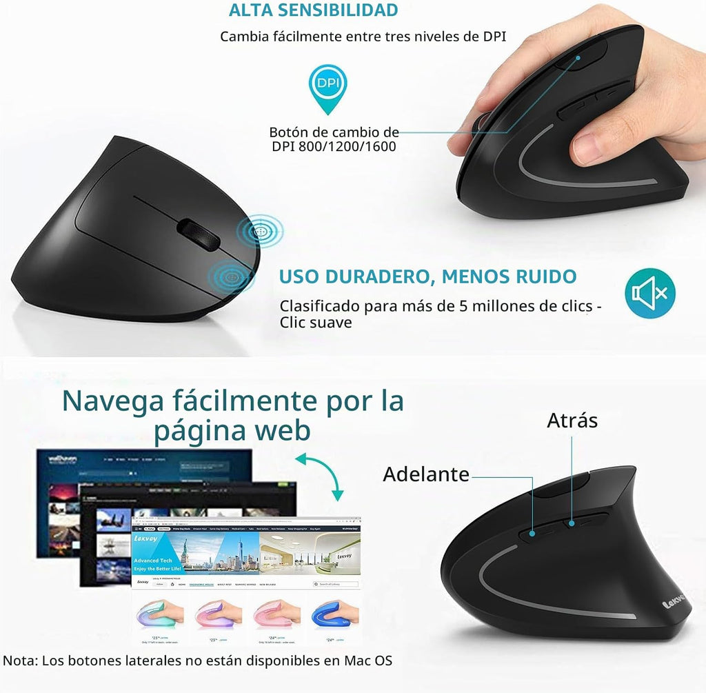 Lekvey Ratón ergonómico vertical inalámbrico recargable USB-C, negro