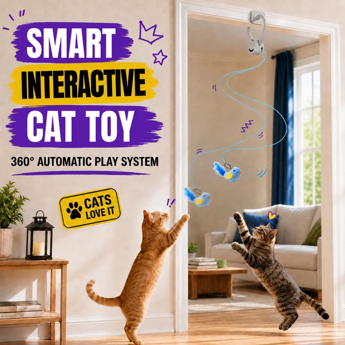 Juguetes interactivos para gatos de interior: varita de plumas de ave voladora automática, juguete de persecución, ejercicio, enriquecimiento y estimulación, USB recargable, duradero, seguro, juguete