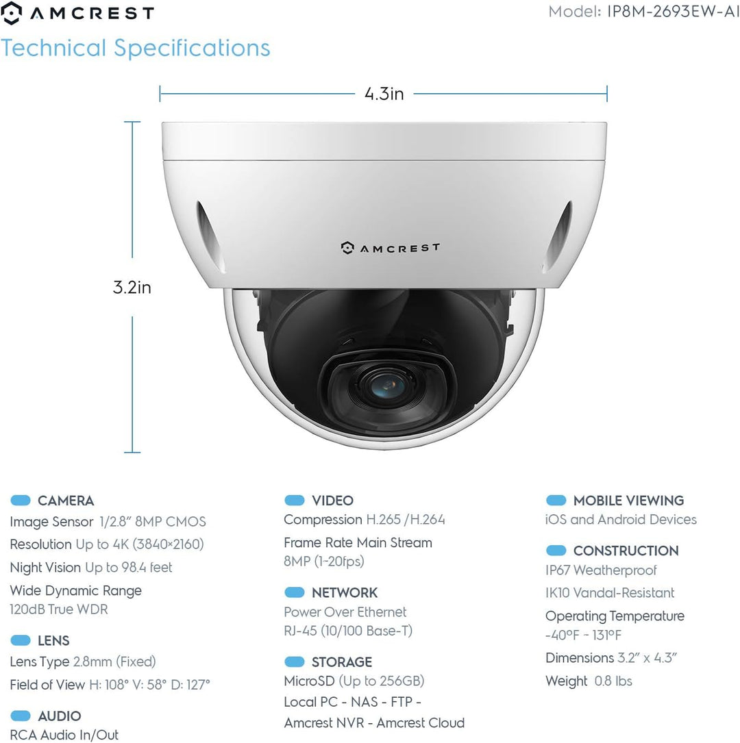 Amcrest UltraHD 4K (8MP) Cámara IP Bullet POE para exteriores, 3840...
