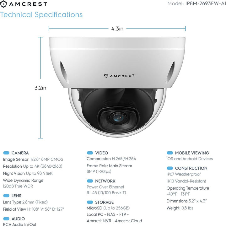 Amcrest UltraHD 4K (8MP) Cámara IP Bullet POE para exteriores, 3840...