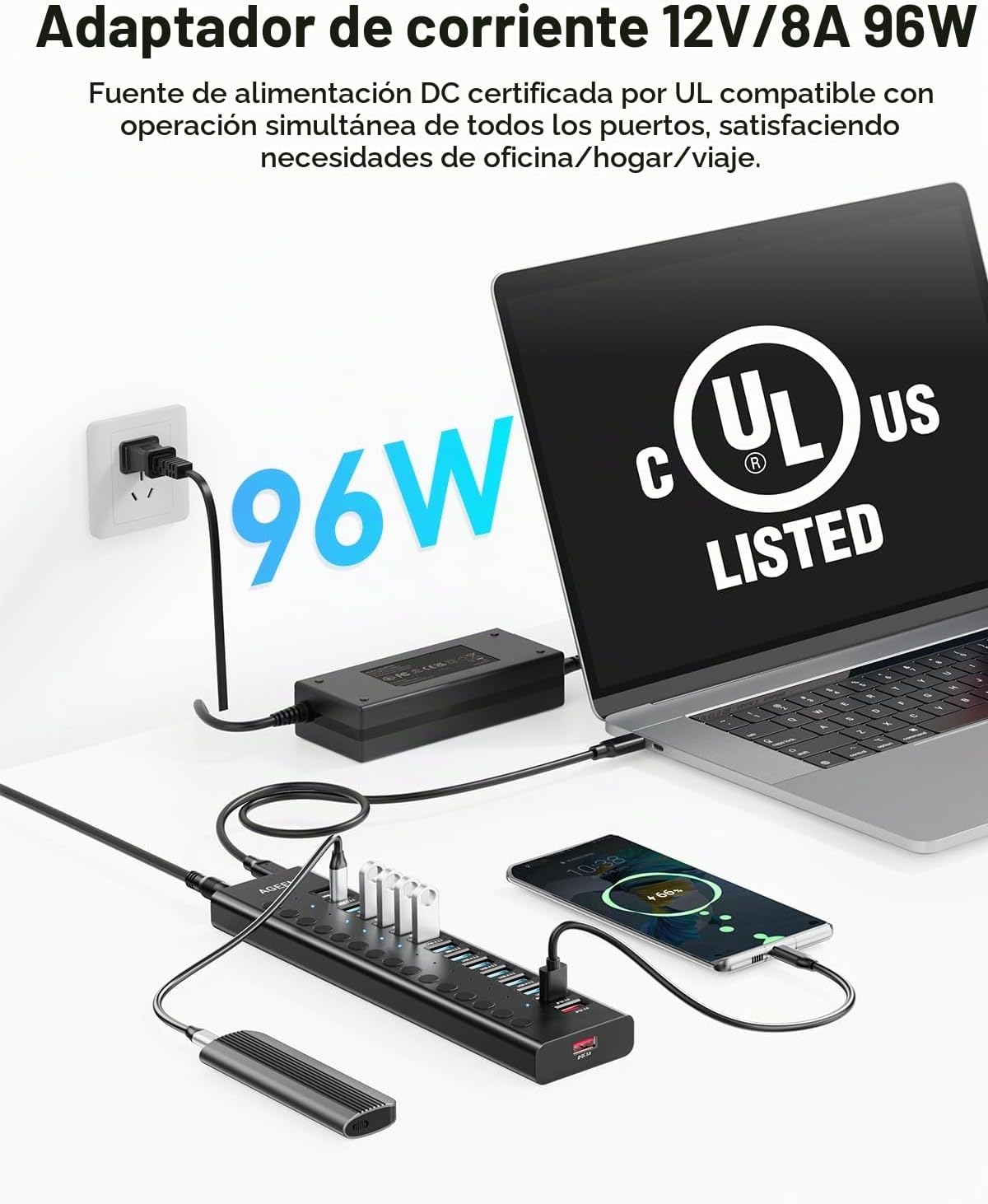 AGEEN, MKI-1200800C8, hub USB 3.2 de 16 puertos, alimentado