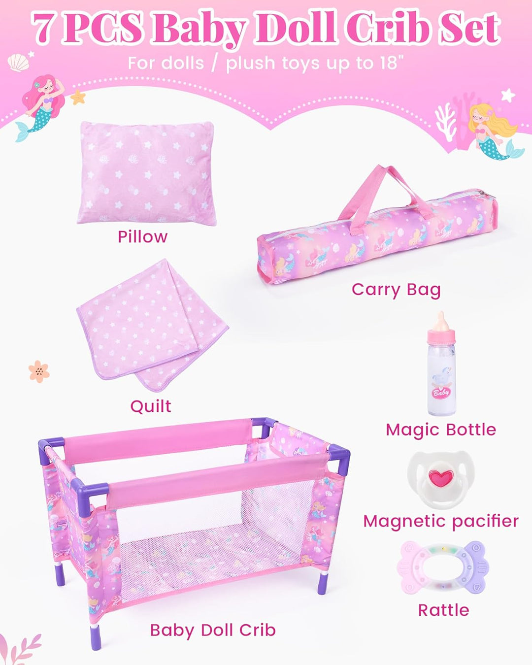 BABESIDE Juego de cuna de muñeca de bebé con ropa de cama y accesor...