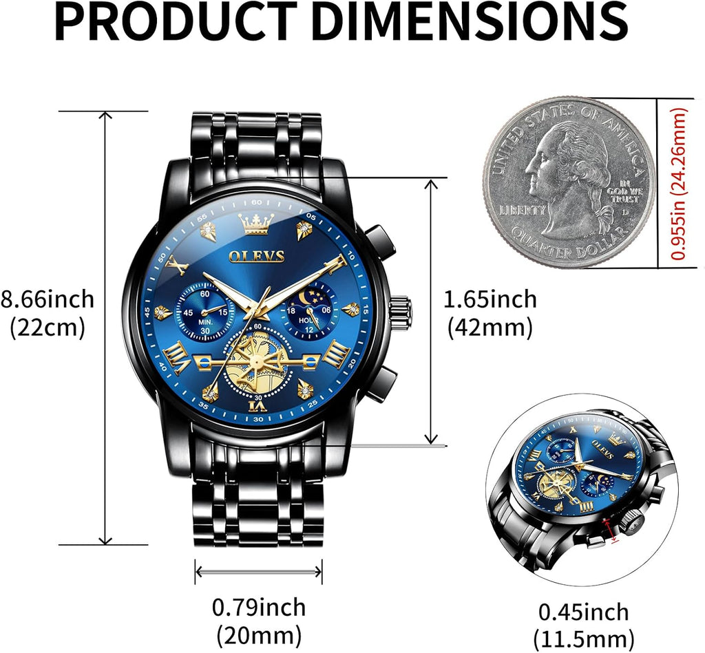 OLEVS Reloj de caballero lujo cronógrafo acero inoxidable pulsera vestimenta impermeable reloj analógico de cuarzo gran esfera luminosa