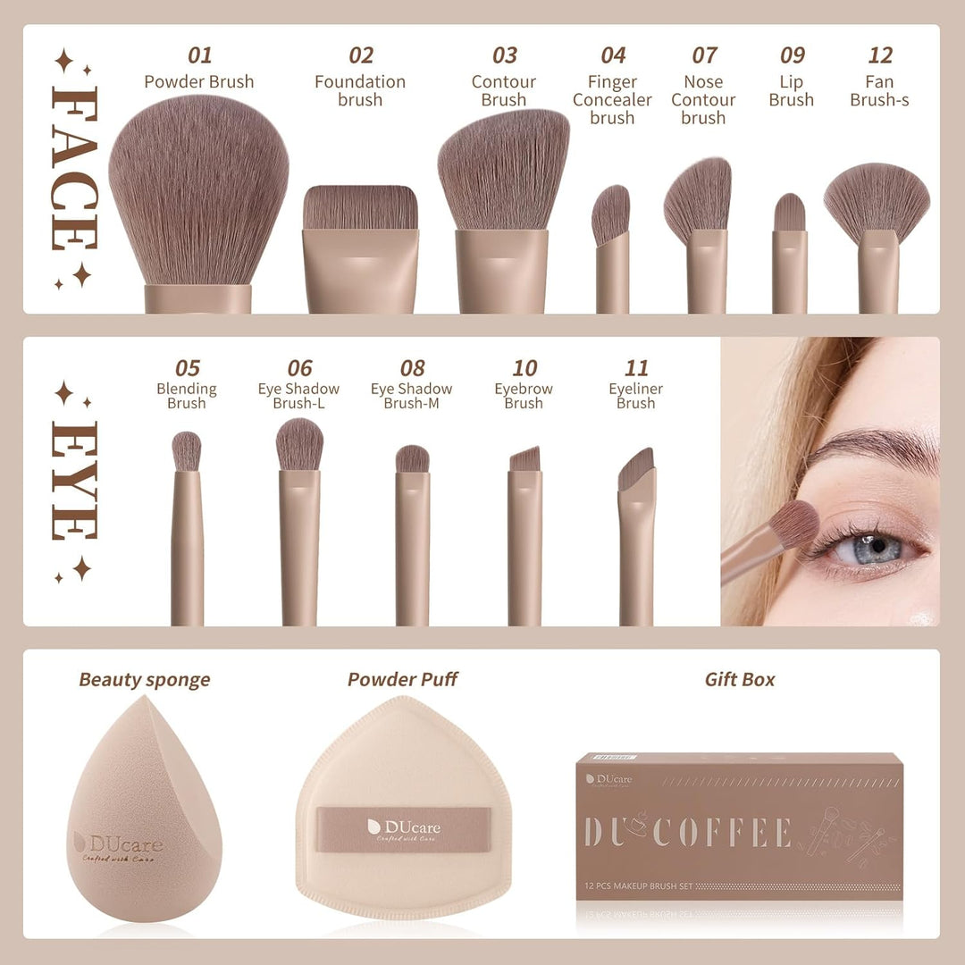 DUcare Juego de 14 brochas de maquillaje para regalo, 12 brochas de...