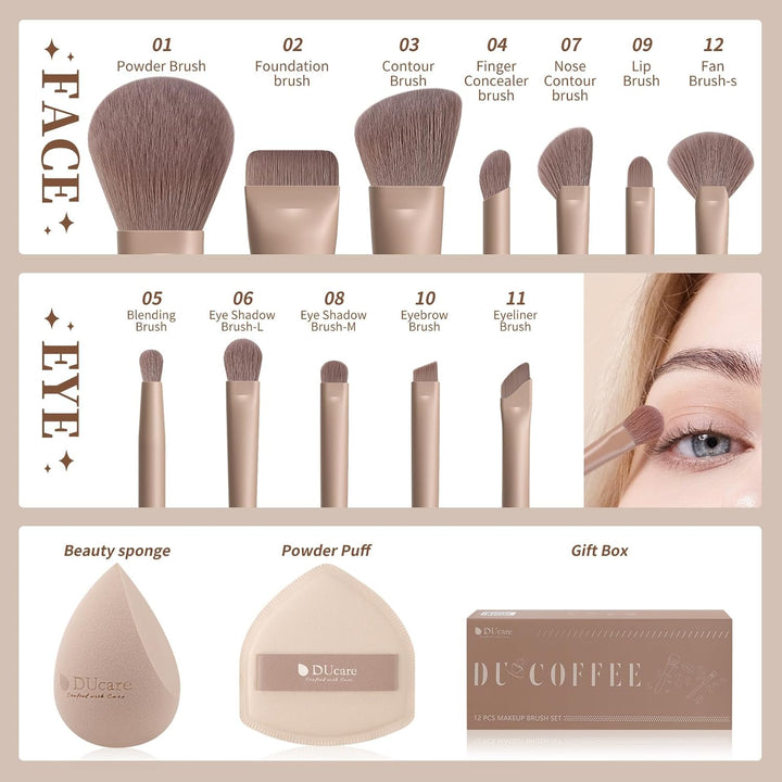 DUcare Juego de 14 brochas de maquillaje para regalo, 12 brochas de...
