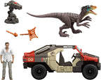 Mattel Jurassic World Vehículo Renacimiento con 1 Figura Humana y 1 Figura de Dinosaurio, Camión de Lanzamiento y Batalla, Figura de Martin Krebs y Raptor, Torreta y 2 Proyectiles