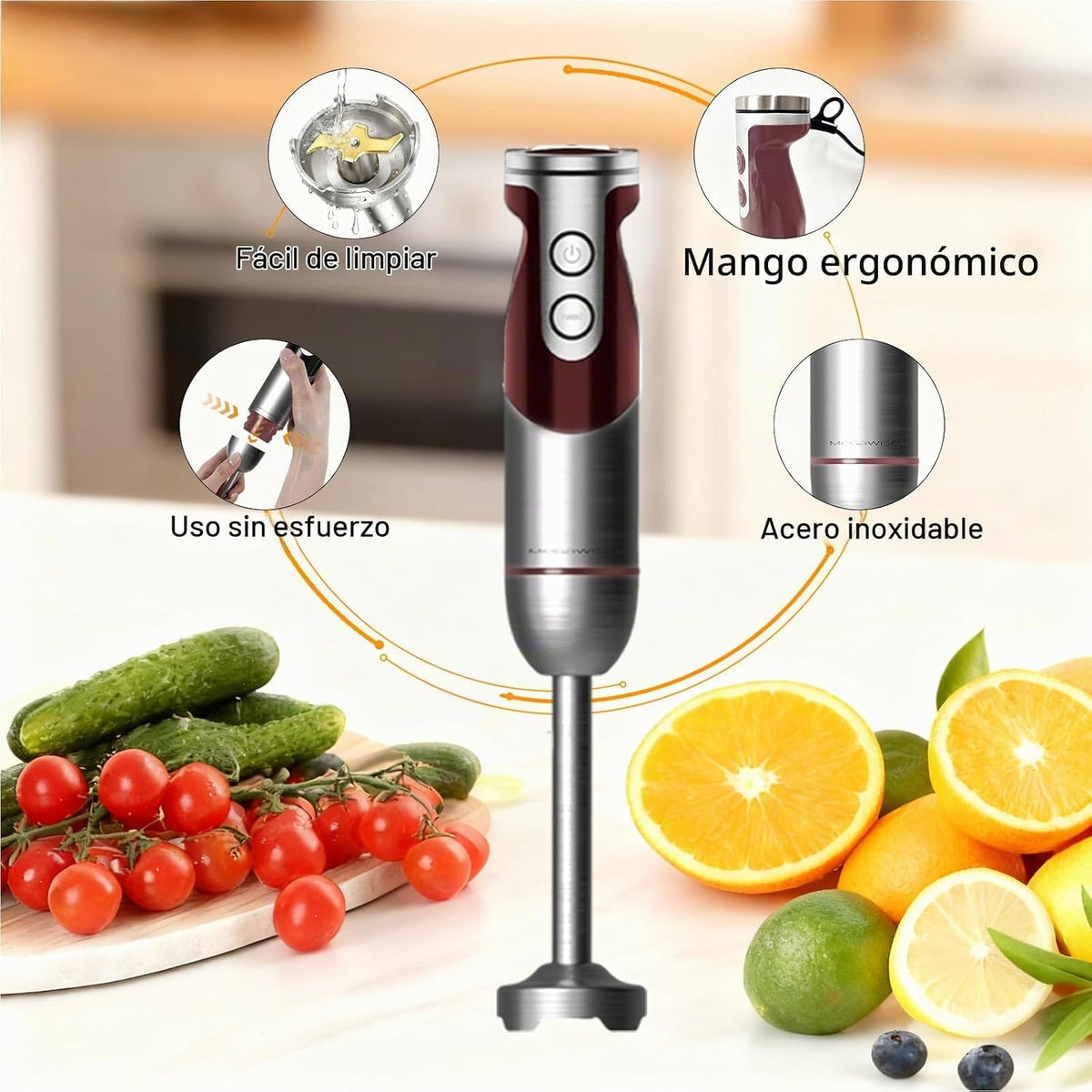 MegaWise Juego de batidora de mano de inmersión 5 en 1 con velocidad variable, 400 W, acero inoxidable, incluye picador, batidor, espumador de leche y vaso medidor, ideal para sopas, batidos
