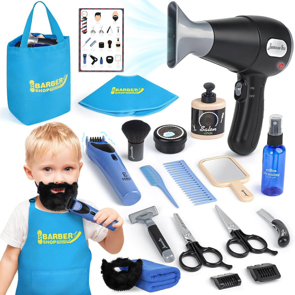 Juego de simulación de peluquería, juguetes de peluquería para niños, kit de afeitado para niños para niños de 3 años en adelante con secador de pelo, juguetes de afeitadora eléctrica, bolsa de