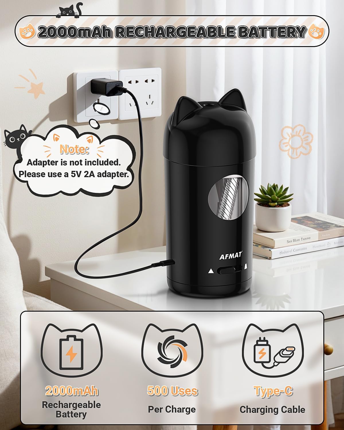 AFMAT Sacapuntas eléctrico PSX9, sacapuntas totalmente automático para niños, entrada y salida automática, para lápices de colores n.º 2 de φ7-0.315 in, recargable e inalámbrico