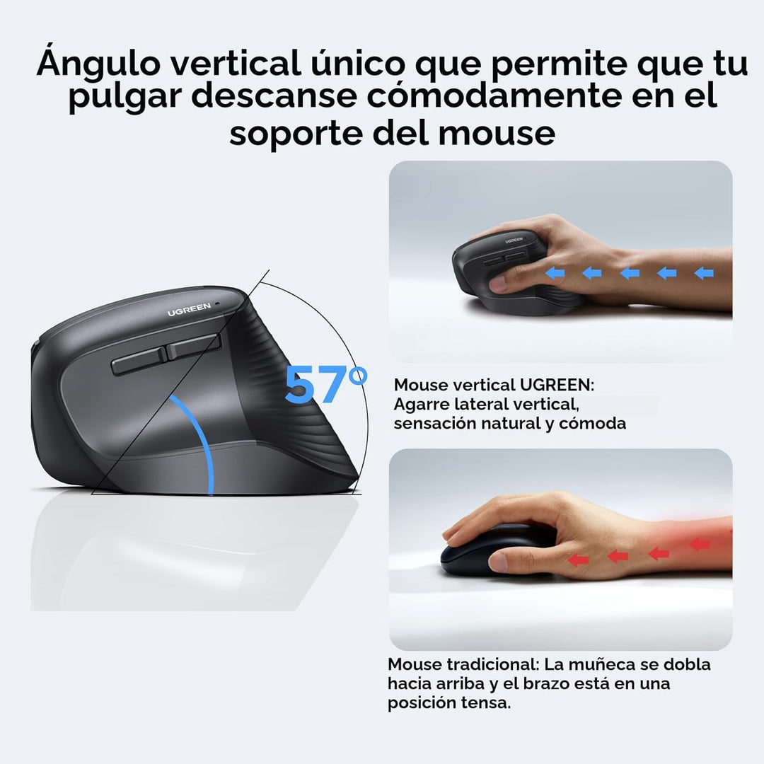 UGREEN Ratón vertical, mouse ergonómico inalámbrico Bluetooth, modo...