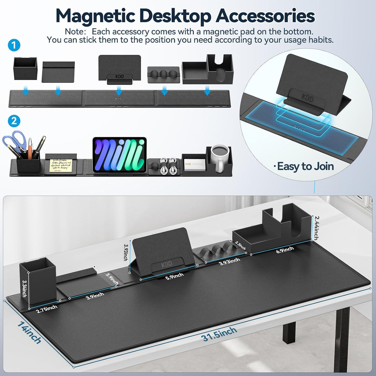 KDD Juego de Alfombrillas de Escritorio, Alfombrilla de Ratón 6 en 1 con Accesorios Magnéticos de Almacenamiento de Escritorio Función DIY para Soporte de Teléfono y Tableta/Portavasos/Soporte para