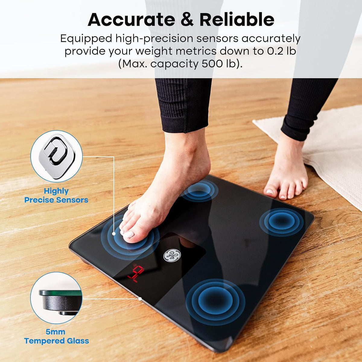 GE Báscula de baño para peso corporal de 500 libras, báscula digital