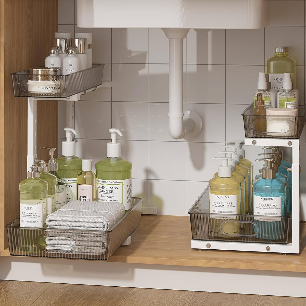 ADRIMER Organizador para debajo del fregadero, 2 unidades, organizador extraíble para fregadero de cocina, 2 niveles, organizador de cocina deslizante y estante de almacenamiento debajo del gabinete