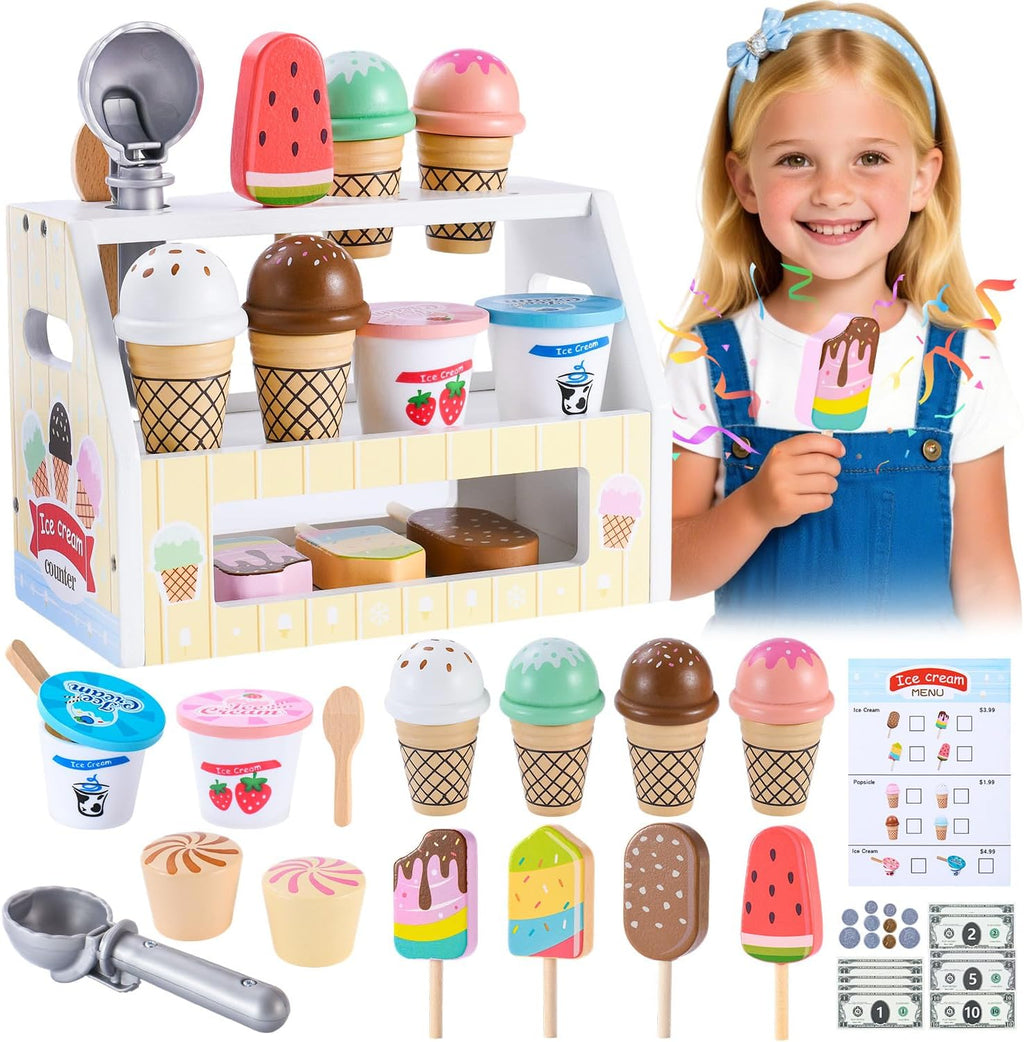 Mini juguetes de helado de madera para niños, juguetes de cocina de simulación, juguetes de comida de cocina, juego de mostrador para niños pequeños con cucharada, menú y dinero falso para niños de 3, 4, 5, 6 años, regalos de cumpleaños de Navidad