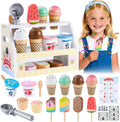 Mini juguetes de helado de madera para niños, juguetes de cocina de simulación, juguetes de comida de cocina, juego de mostrador para niños pequeños con cucharada, menú y dinero falso para niños de 3, 4, 5, 6 años, regalos de cumpleaños de Navidad