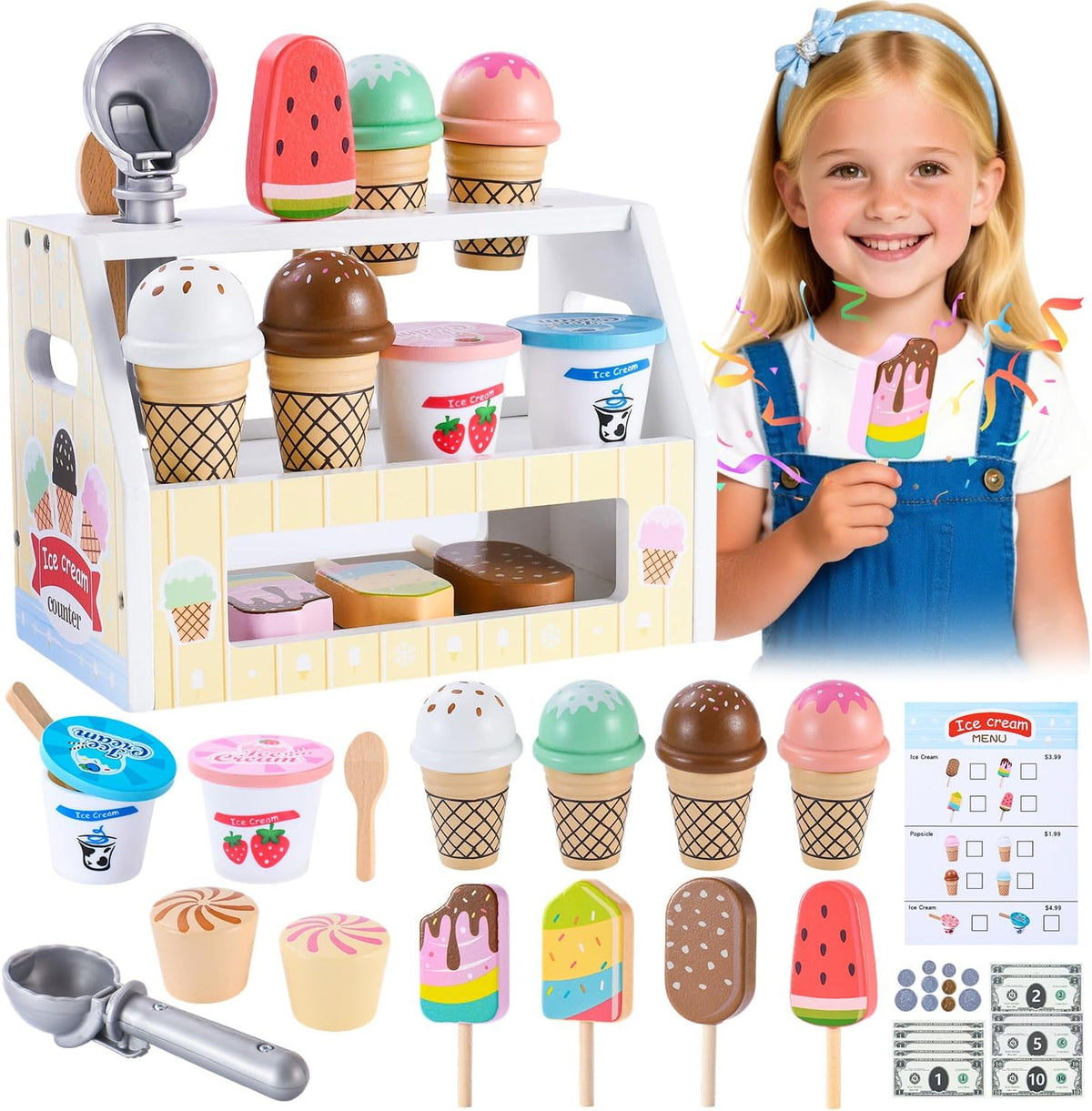 Mini juguetes de helado de madera para niños, juguetes de cocina de simulación, juguetes de comida de cocina, juego de mostrador para niños pequeños con cucharada, menú y dinero falso para niños de 3, 4, 5, 6 años, regalos de cumpleaños de Navidad