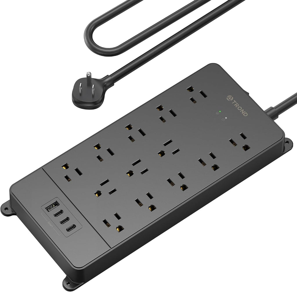 TROND Regleta de alimentación con protector de sobretensiones, 4000 julios, certificación ETL, 13 tomas de expansión ampliamente espaciadas con puertos USB C, enchufe plano de perfil bajo, montaje en