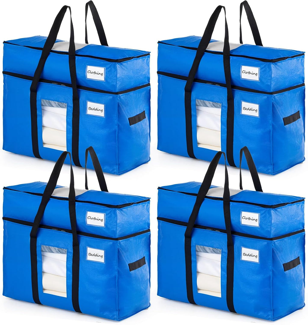 TAILI - Bolsas de mudanza extra grandes con 2 niveles, paquete de 4 bolsas azules resistentes para almacenamiento con ventana visible, asas envolventes, almacenamiento y ahorro de espacio