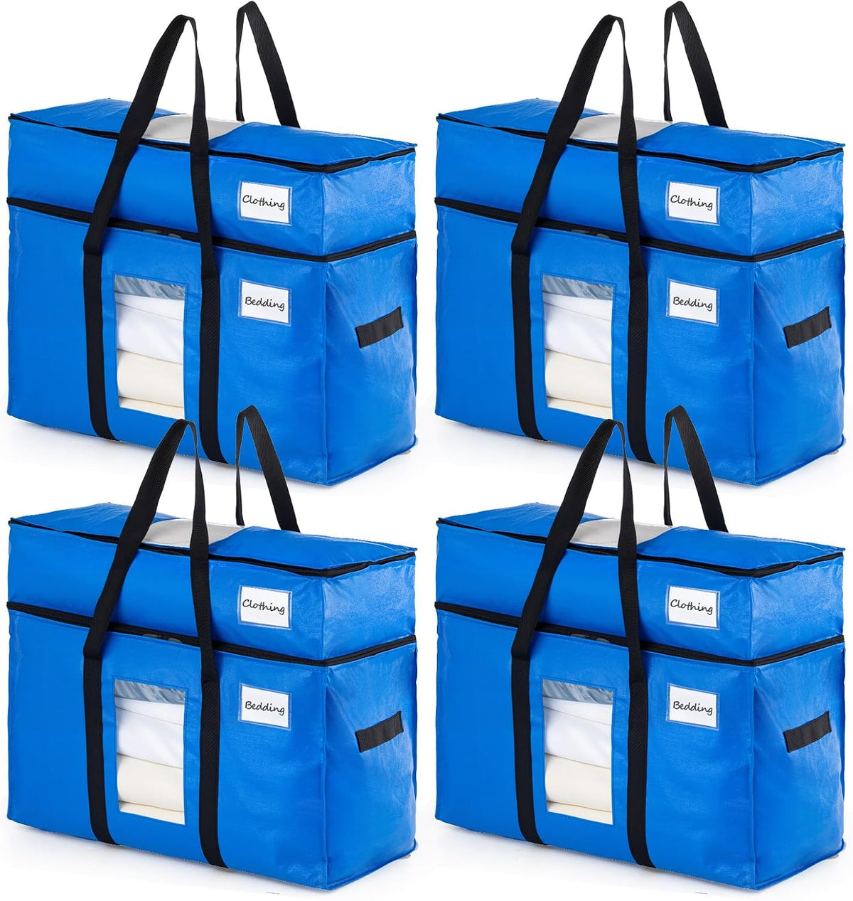 TAILI - Bolsas de mudanza extra grandes con 2 niveles, paquete de 4 bolsas azules resistentes para almacenamiento con ventana visible, asas envolventes, almacenamiento y ahorro de espacio