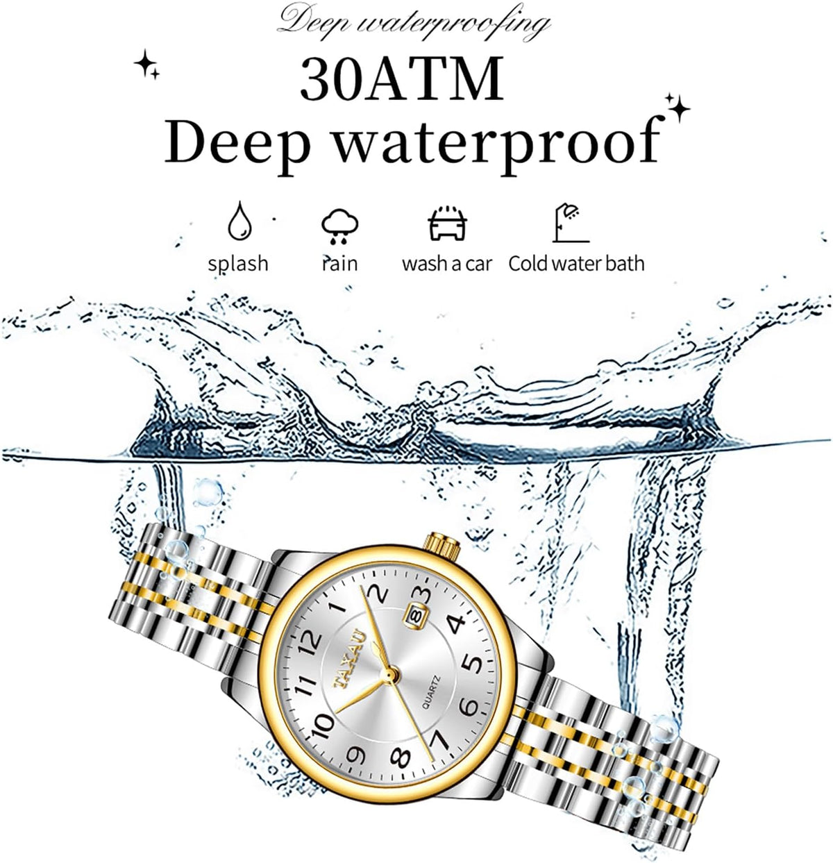 Reloj de Mujer Elegante Analógico a Cuarzo con Carga de Fecha, Números Arábigos Grandes, Impermeable, Dos Tonos, Acero Inoxidable, Pequeño, Reloj de Muñeca