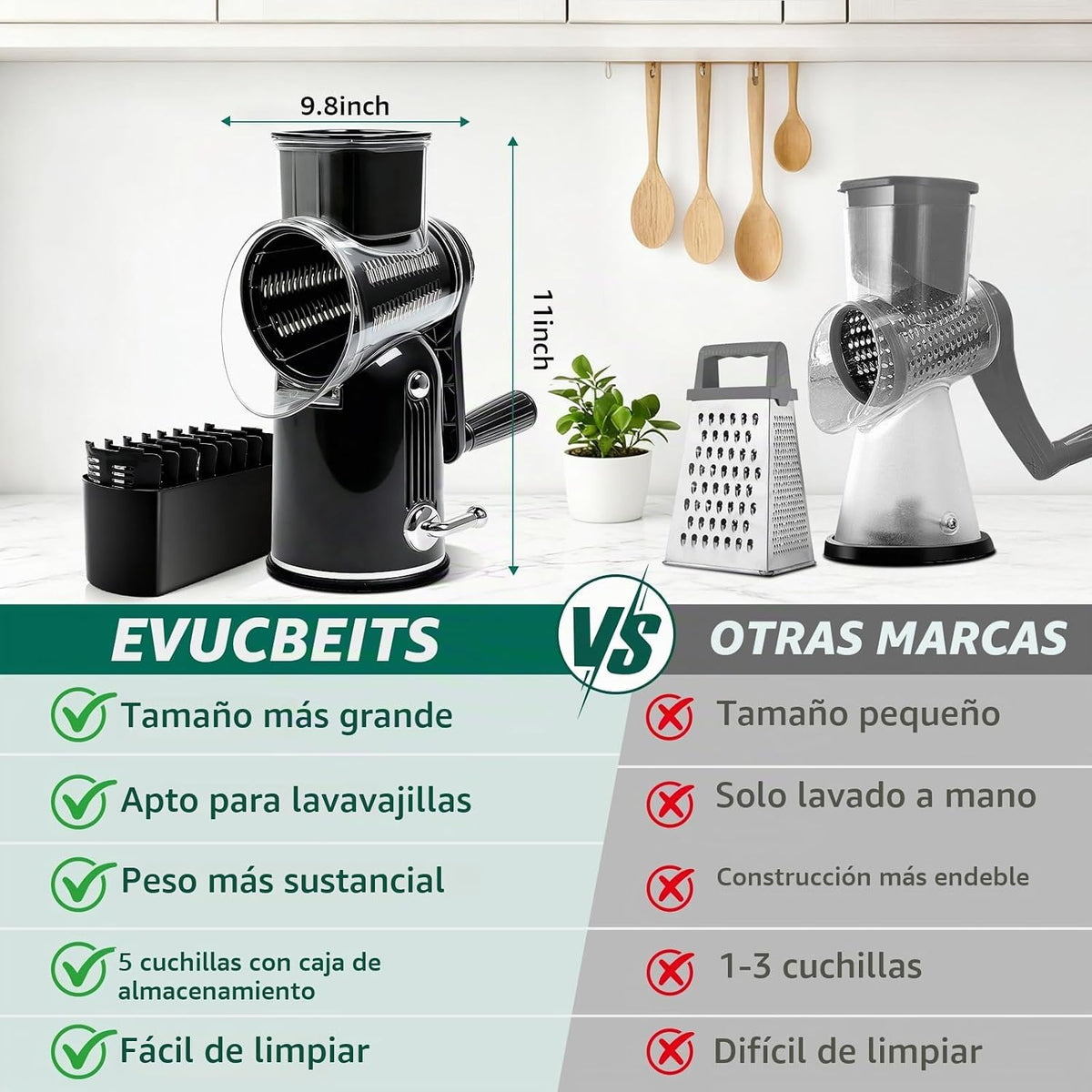 Rallador de queso giratorio de manivela, 5 cuchillas, trituradora de alimentos, picadora, base redonda de succión fuerte, accesorio de cocina con caja de almacenamiento para frutas y