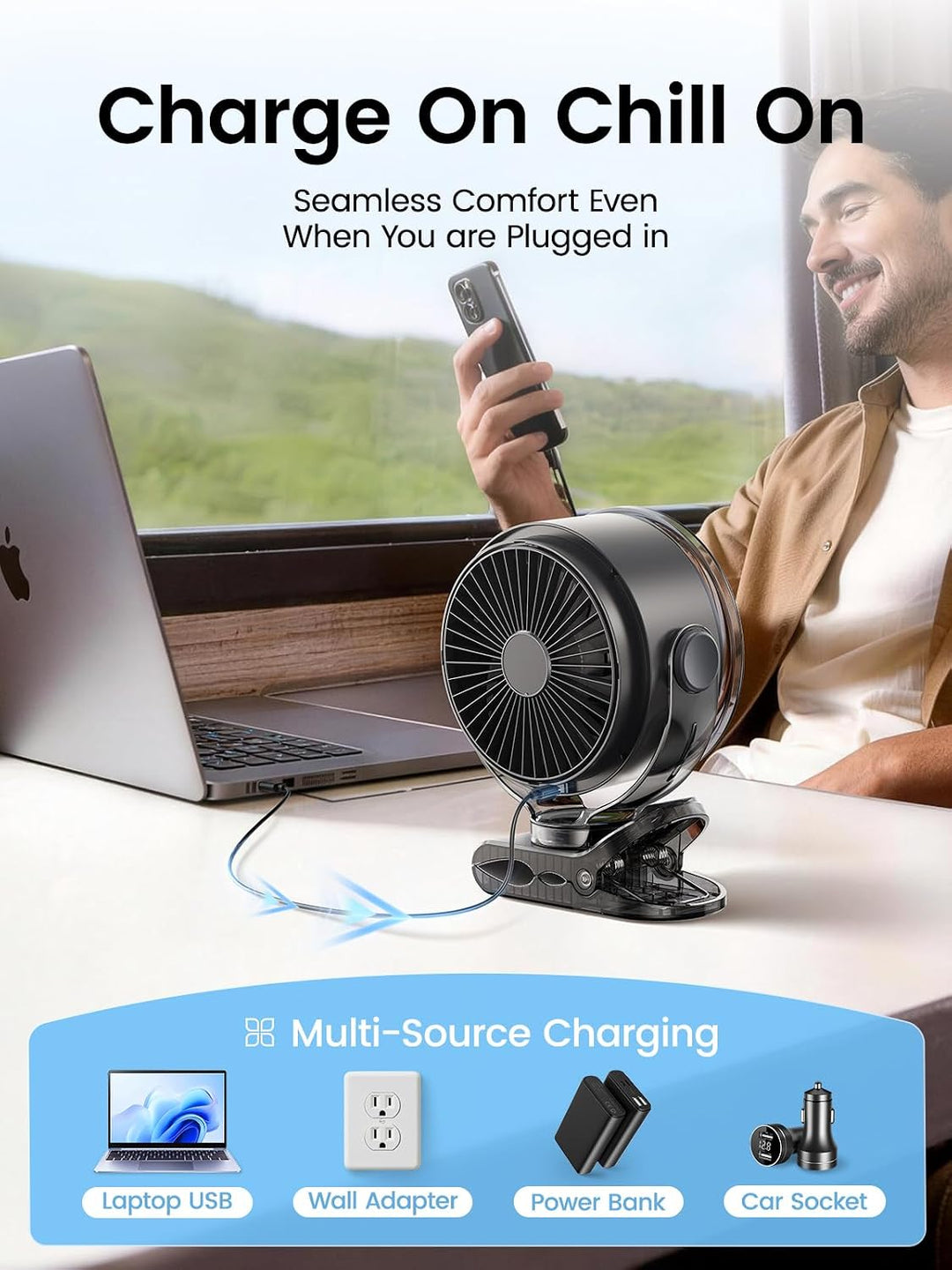 OpenBay Ventilador de clip, ventilador USB recargable con abrazader...