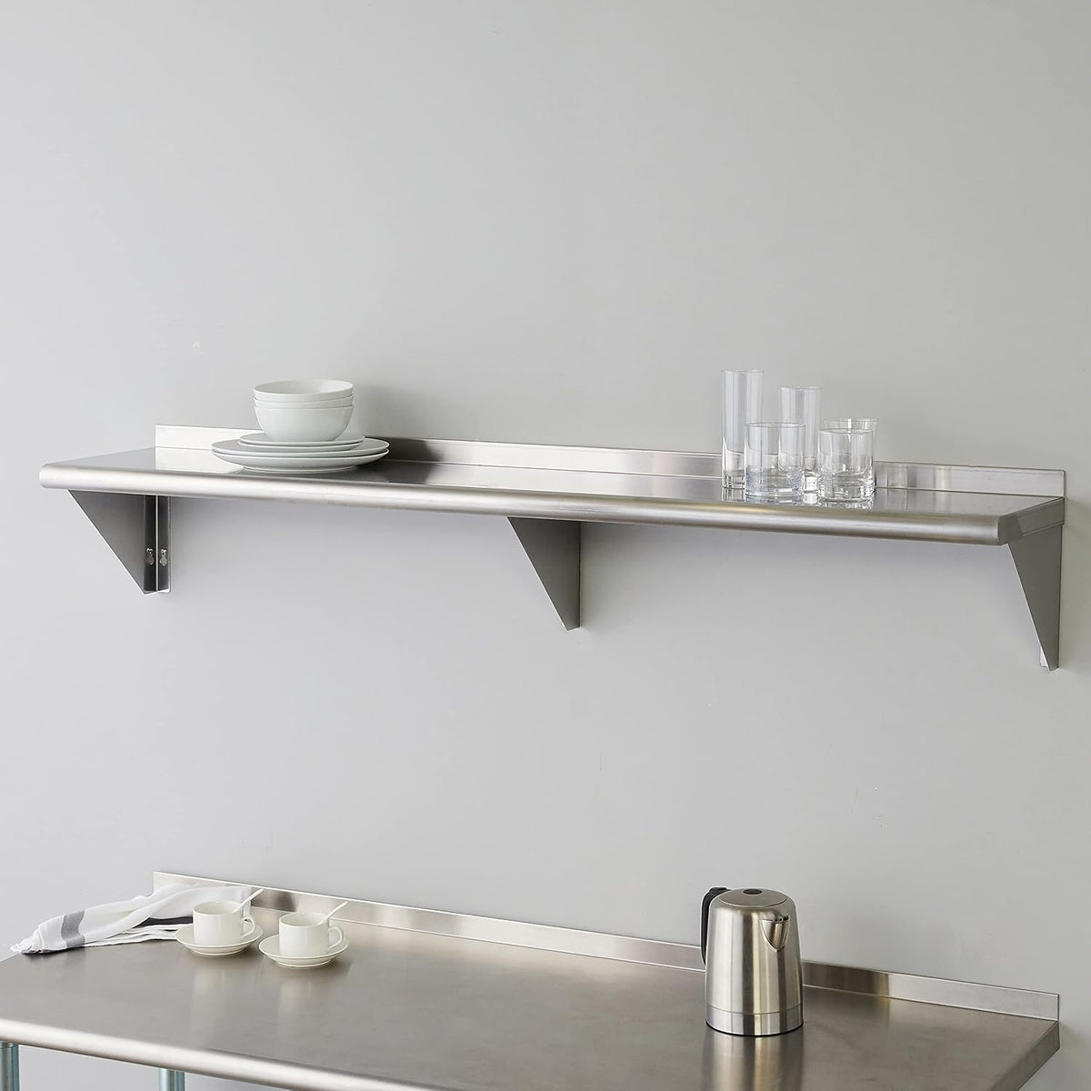 ROCKPOINT Estante de acero inoxidable de 12 x 60 pulgadas, 400 libras, estantes comerciales de metal NSF para montaje en pared, estantería flotante con protector contra salpicaduras para restaurante