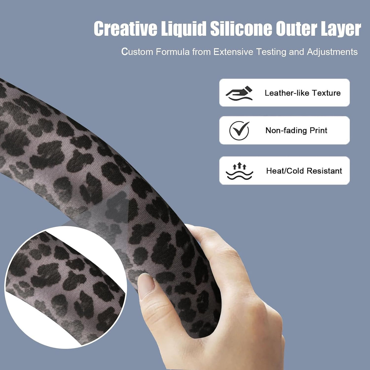 Funda para volante con anillo interior de silicona, no tóxica, sin olor, con patrón que no se decolora, universal de 14.5 a 15 pulgadas (estampado de leopardo gris)