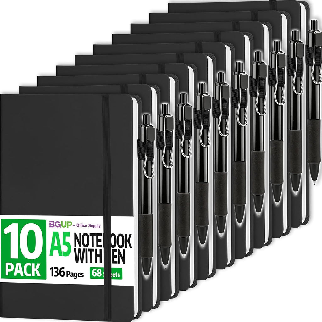 Paquete de 10 cuadernos rayados con bolígrafo, diario A5 de cuero de tapa dura de 5.5 x 8.3 pulgadas, negro de 136 páginas, cuadernos y bolígrafos con rayas universitarias para suministros de