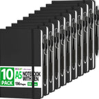Paquete de 10 cuadernos rayados con bolígrafo, diario A5 de cuero de tapa dura de 5.5 x 8.3 pulgadas, negro de 136 páginas, cuadernos y bolígrafos con rayas universitarias para suministros de