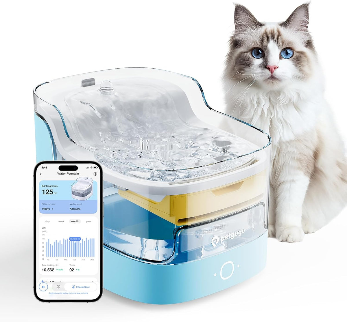 PETGUGU Fuente de agua AI para gatos, monitoreo de aplicaciones, fuentes de mascotas para gatos en interiores con 8 capas de filtros de fuente para gatos, bomba inalámbrica ultrasilenciosa, fuente de