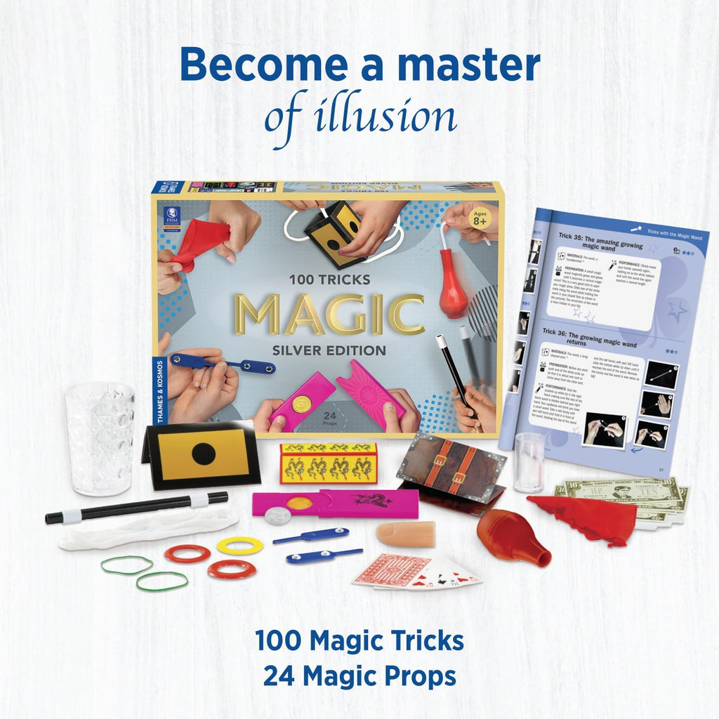 Thames & Kosmos Magic: Silver Edition | Kit de 100 trucos de magia con 24 accesorios | Manual a todo color de 72 páginas y 26 videos tutoriales | Reconocido por FISM | A partir de 8 años