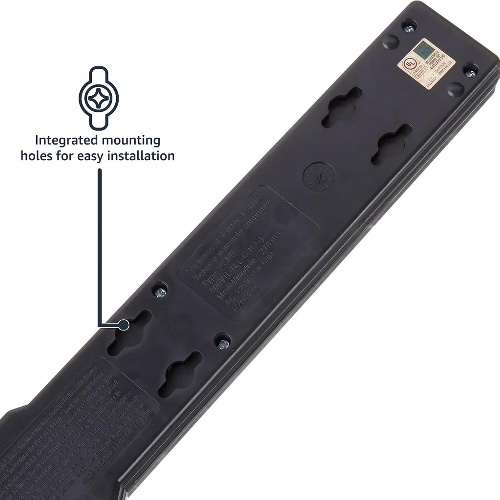 Lámpara Amazon Basics Regleta protectora de sobretensiones, 6 tomas, 790 julios, interruptor de circuito, indicador LED, cable de extensión de 6 pies, negro, paquete de 10