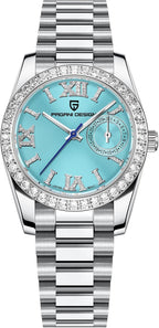 HaiQin Pagani Design - Reloj de cuarzo elegante para mujer, serie de diamantes, correa de acero inoxidable, movimiento japonés, impermeable, ligero, reloj de pulsera de lujo con fecha