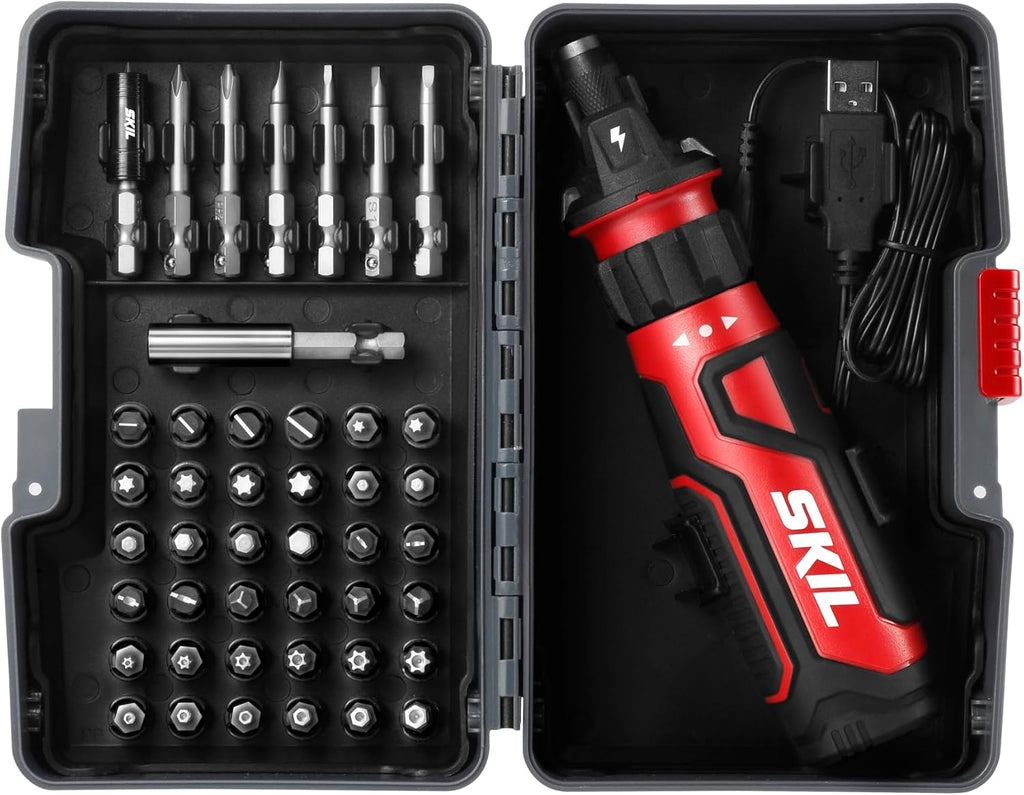 SKIL - Destornillador inalámbrico recargable de 4 V con tecnología de sensor de circuito, incluye 45 piezas, cable de carga USB, funda de transporte - SD561204