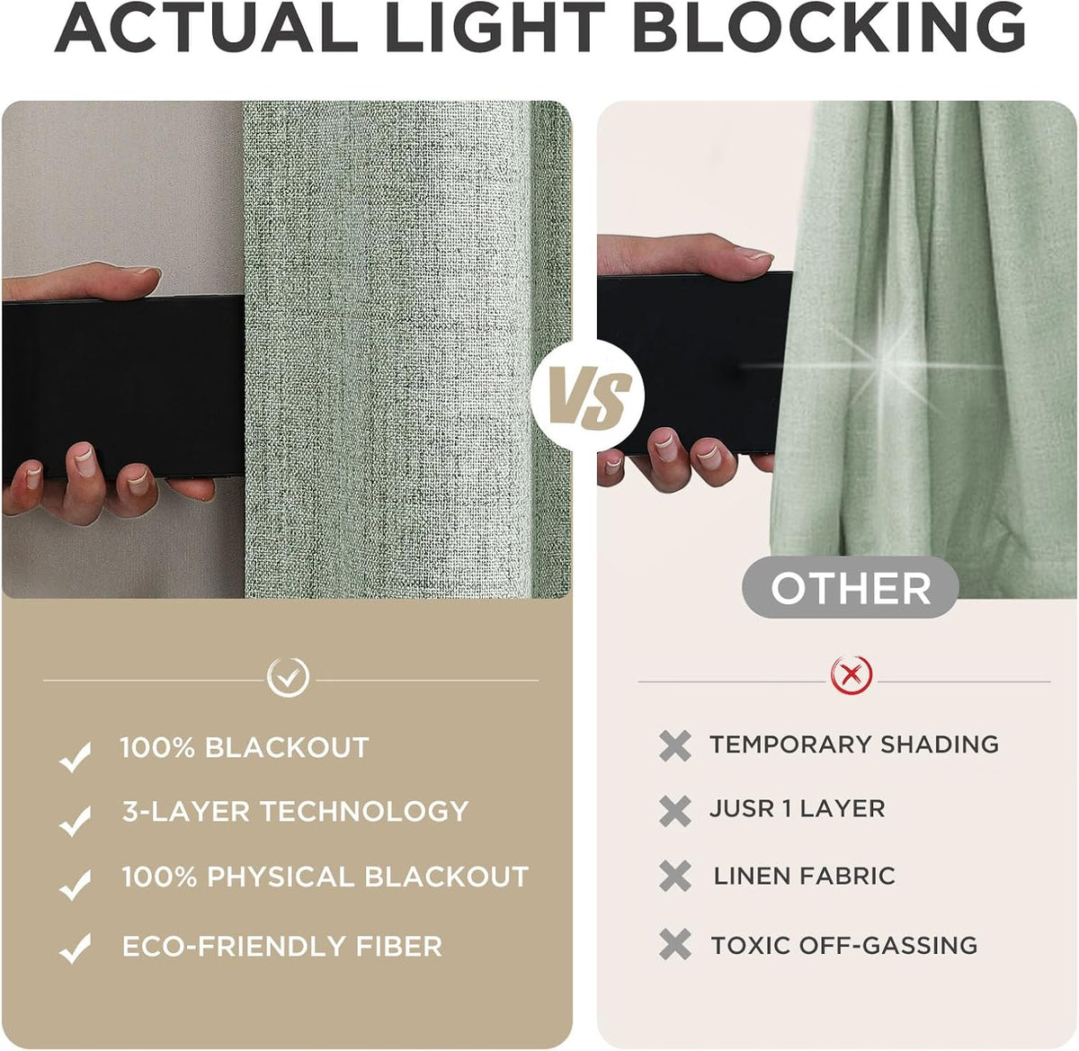 Joydeco - Cortinas 100 % opacas para dormitorio, cortinas de lino natural, cortinas de bloqueo de luz con aislamiento térmico, bolsillo para barra y pestaña trasera