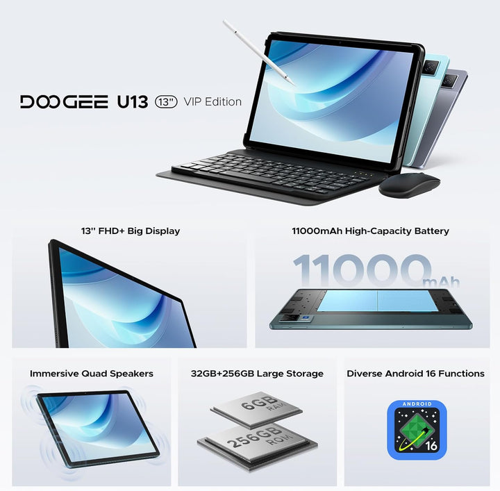POPUX Tableta U13 Android 16 con teclado, tableta de 13 pulgadas co...