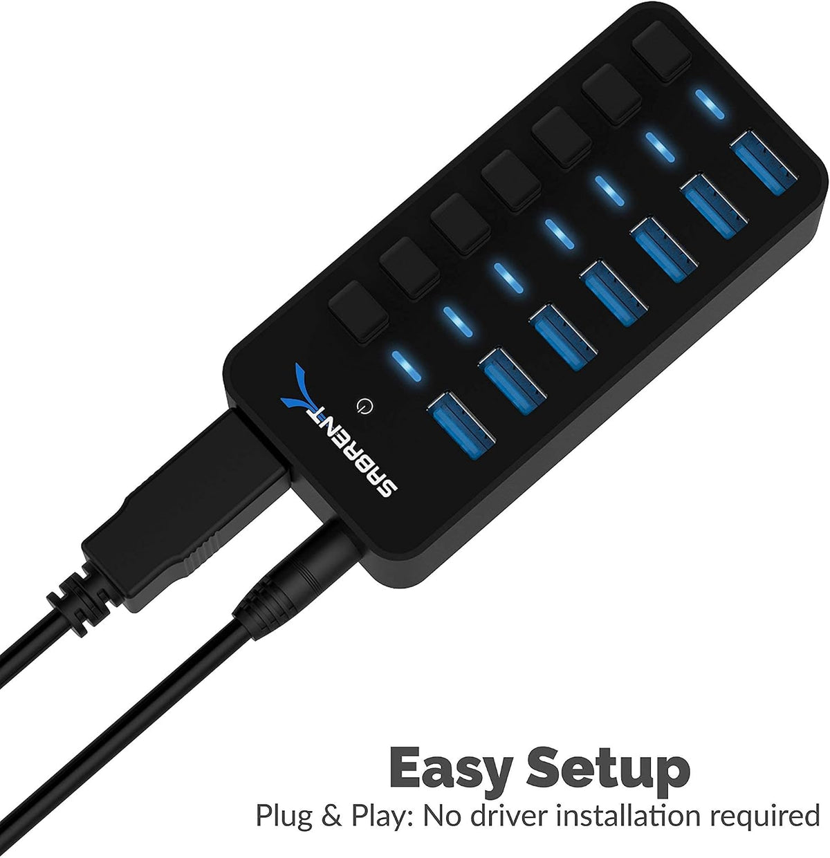 SABRENT, hub USB 3.0 de 7 puertos, alimentado, adaptador 12V/3A