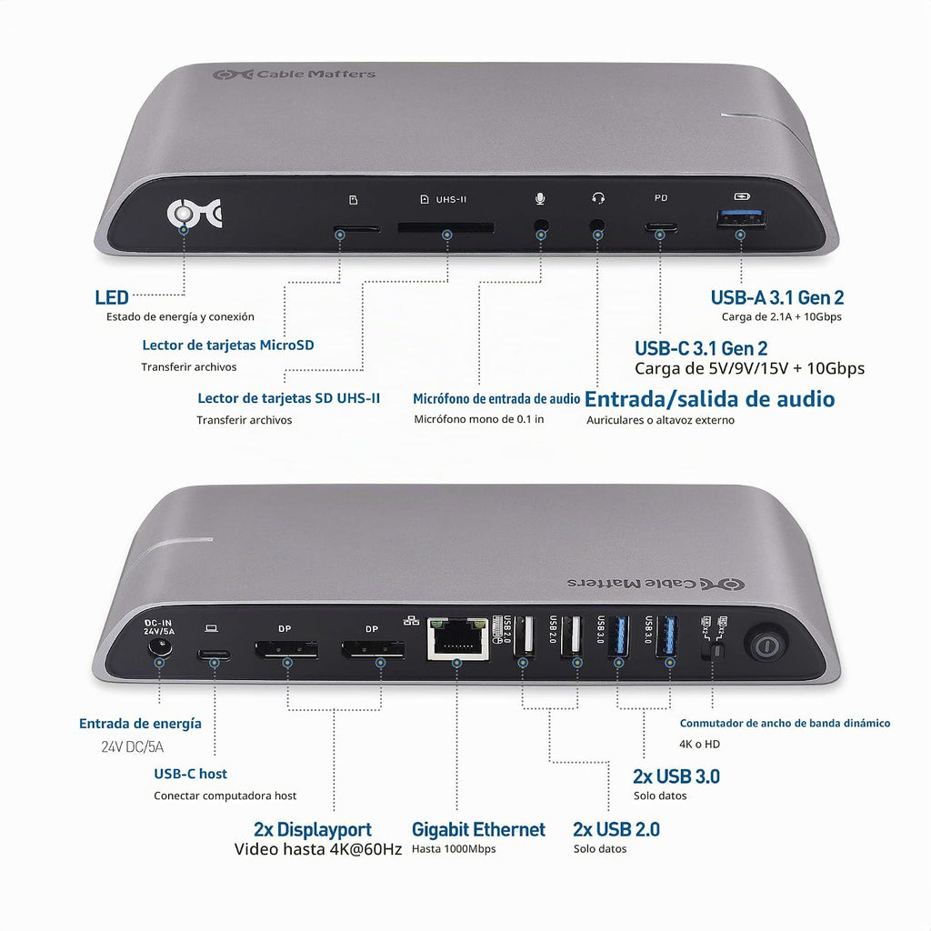 Cable Matters Base USB-C para Windows, DisplayPort dual 4K, carga de 80 W