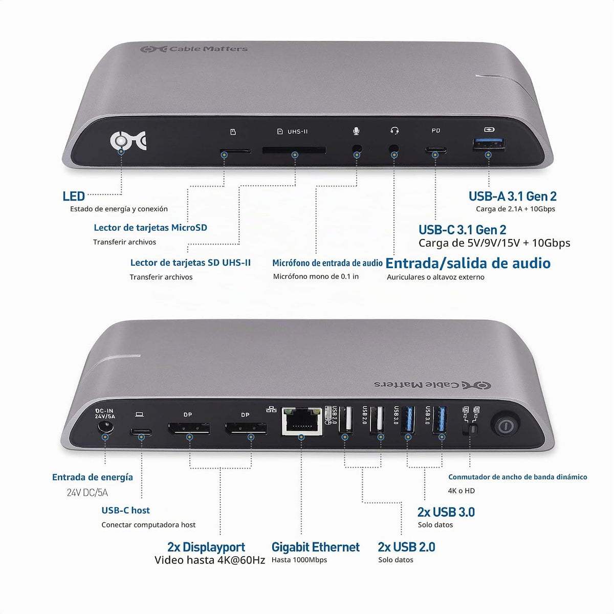 Cable Matters Base USB-C para Windows, DisplayPort dual 4K, carga de 80 W