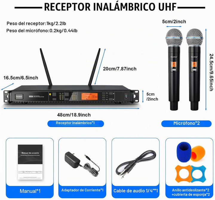 Depusheng Sistema de micrófonos inalámbricos con 2 canales, micrófo...