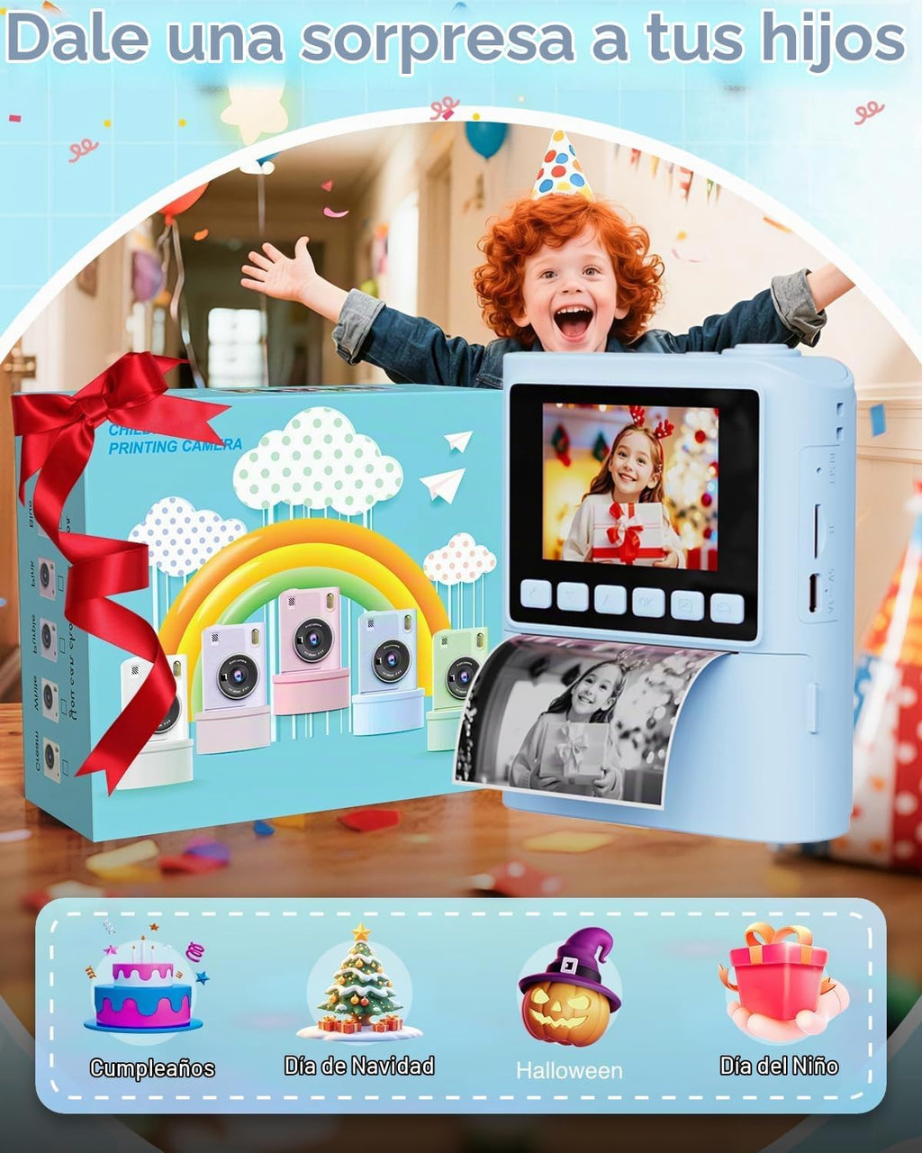 Cámara de impresión instantánea para niños, cámaras de impresión digital instantánea 1080P para niños pequeños, juguete portátil para niñas de 4, 5, 6, 7, 8, 9, 10 años, regalos de cumpleaños de Navidad para niñas y niños con tarjeta SD azul